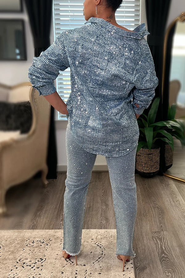 Stylish Button Closure Denim Sequin Top