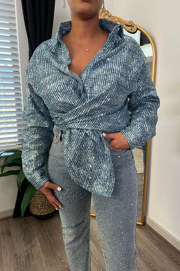 Stylish Button Closure Denim Sequin Top