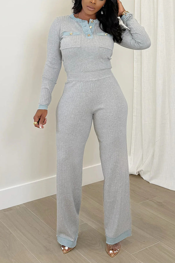 Cozy Denim Splicing Knitted Top & Pants Set