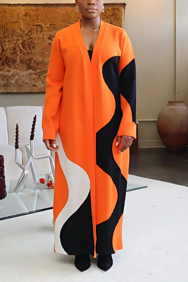 Stylish Contrast Belted Long Knitted Cardigan