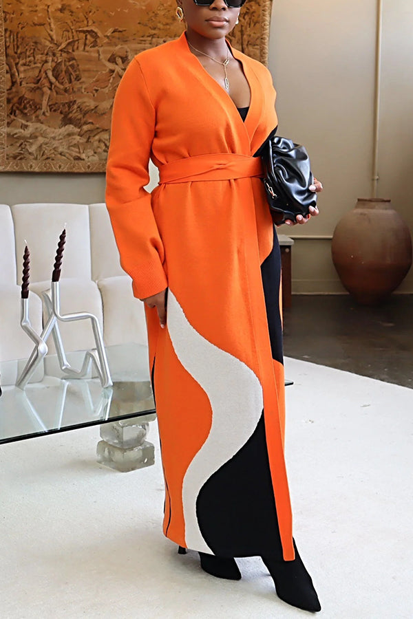 Stylish Contrast Belted Long Knitted Cardigan