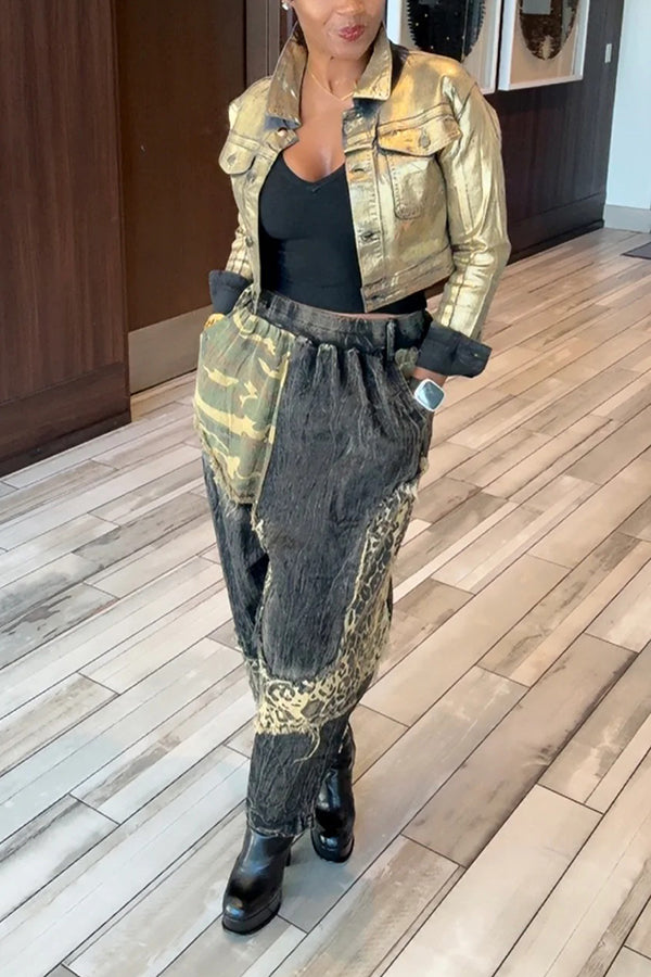 Cool Camouflage Leopard Print Patchwork Jeans