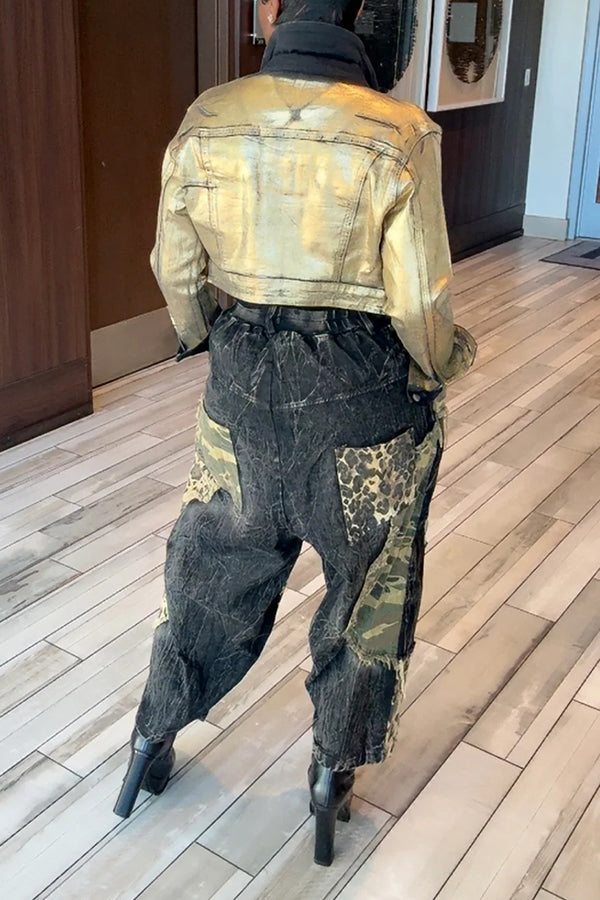 Cool Camouflage Leopard Print Patchwork Jeans