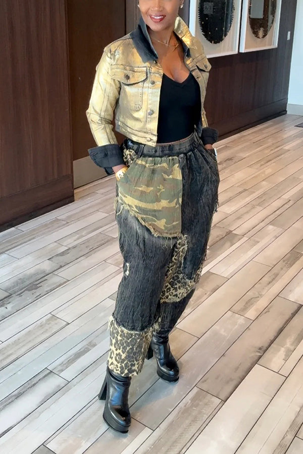 Cool Camouflage Leopard Print Patchwork Jeans