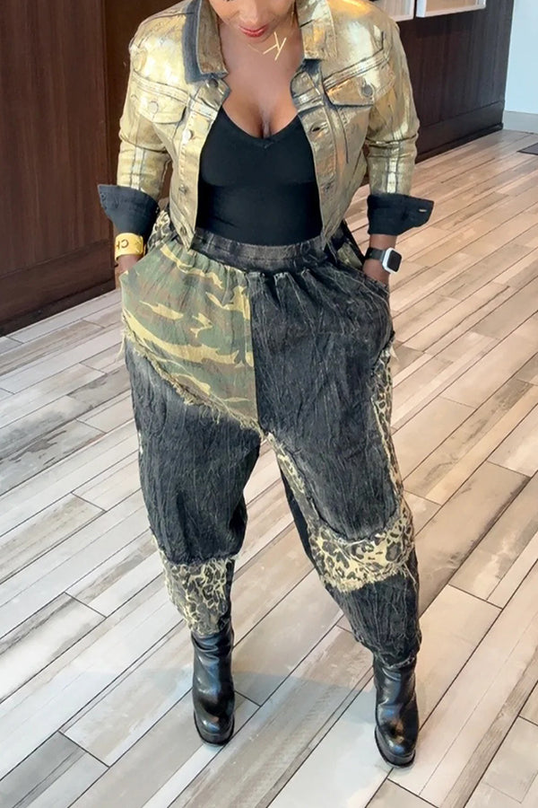 Cool Camouflage Leopard Print Patchwork Jeans