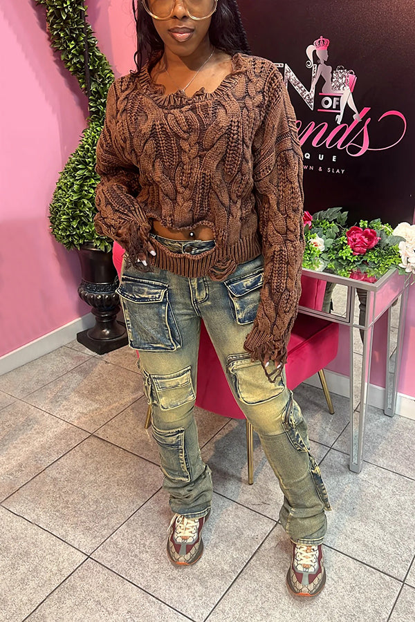 Stylish Raw Edge Knit Crop Pullover