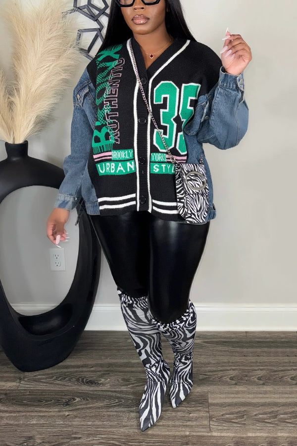 Stylish Letter Graphic Denim Splicing Jacket