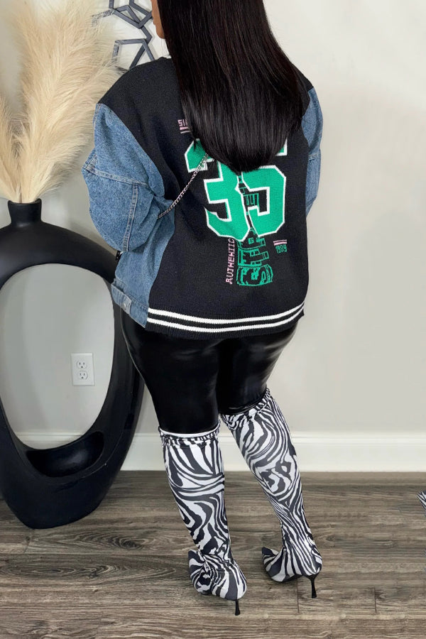 Stylish Letter Graphic Denim Splicing Jacket