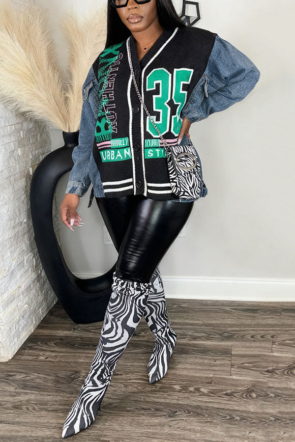 Stylish Letter Graphic Denim Splicing Jacket