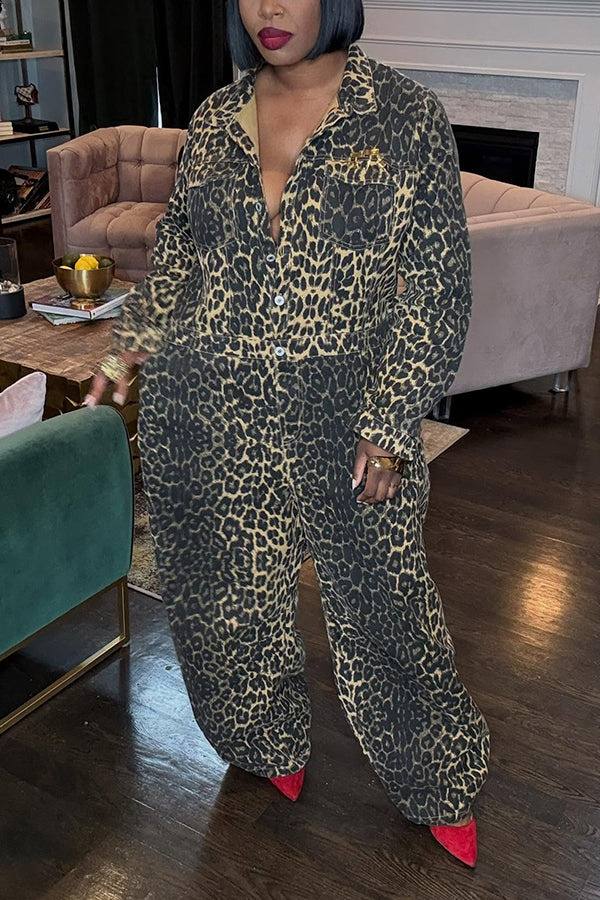 Stylish Button Up Leopard Print Jumpsuit