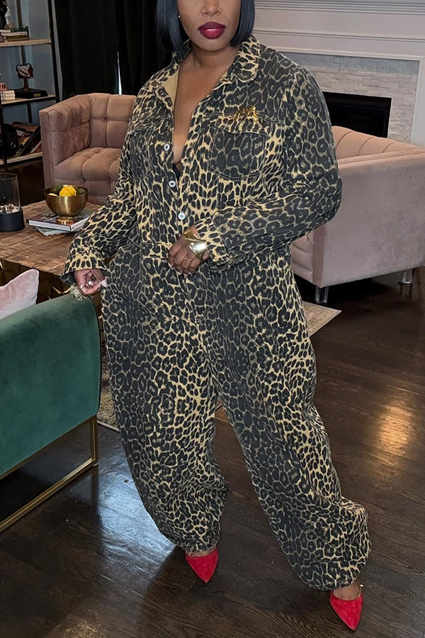 Stylish Button Up Leopard Print Jumpsuit