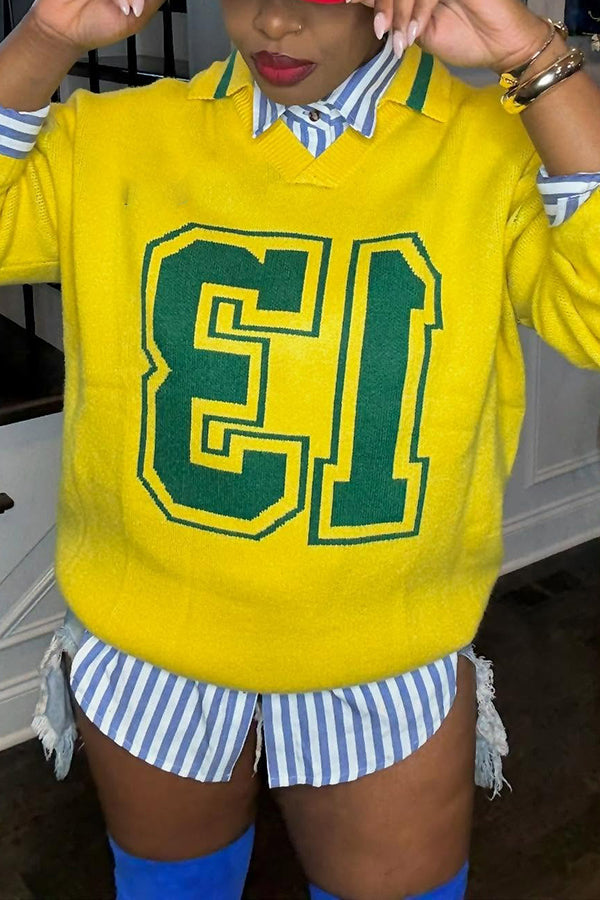 Casual V Collared Letter Graphic Sweater