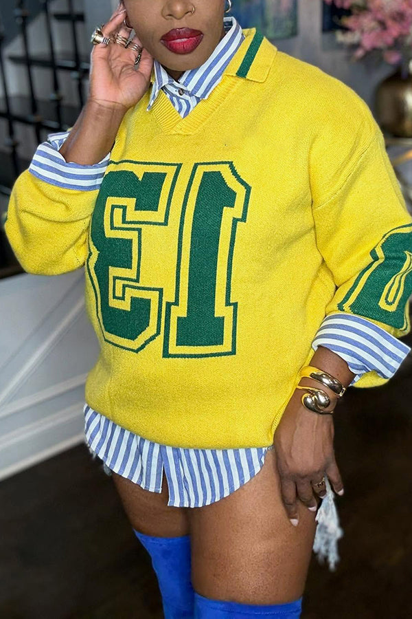 Casual V Collared Letter Graphic Sweater