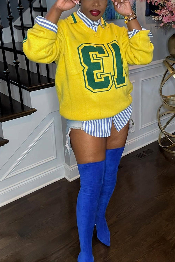 Casual V Collared Letter Graphic Sweater