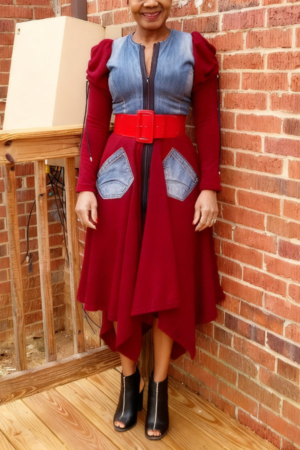 Stylish Denim Patchwork Irregular Midi Dress