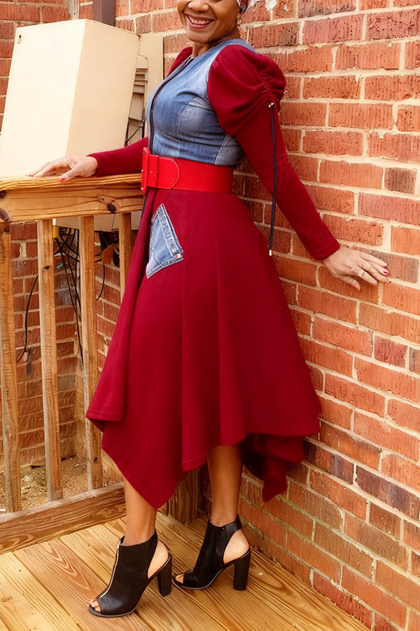 Stylish Denim Patchwork Irregular Midi Dress