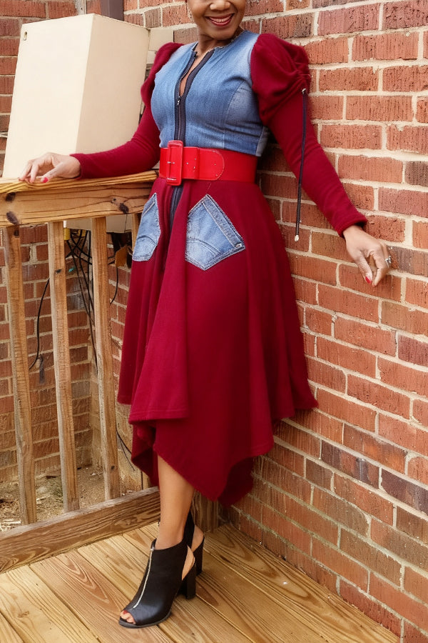 Stylish Denim Patchwork Irregular Midi Dress