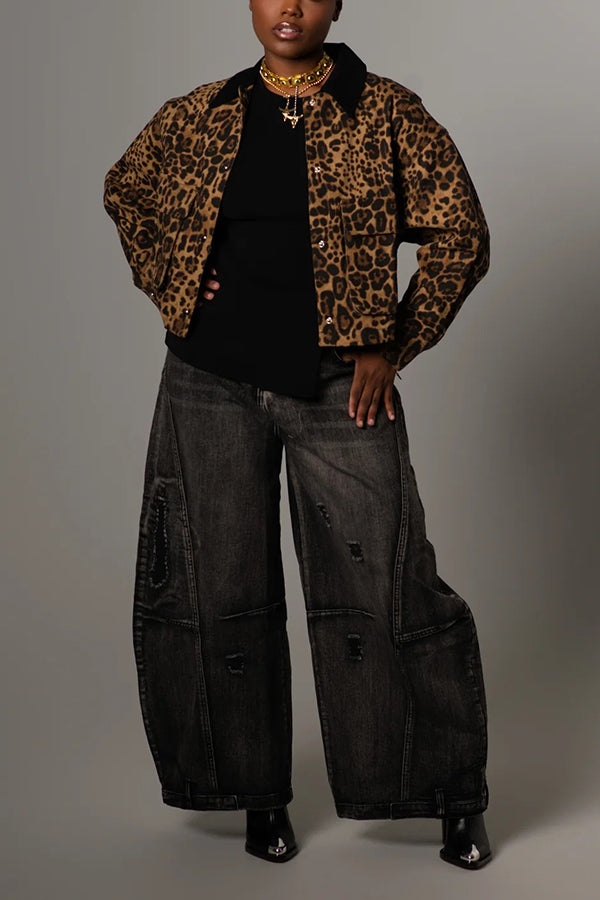 Styling Double Pocket Contrast Collar Leopard Print Jacket