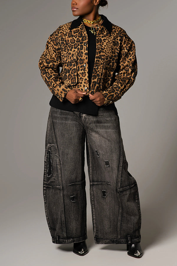 Styling Double Pocket Contrast Collar Leopard Print Jacket