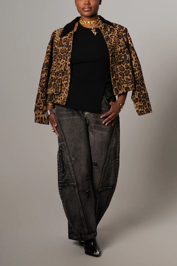 Styling Double Pocket Contrast Collar Leopard Print Jacket
