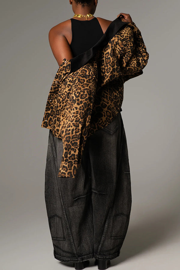 Styling Double Pocket Contrast Collar Leopard Print Jacket