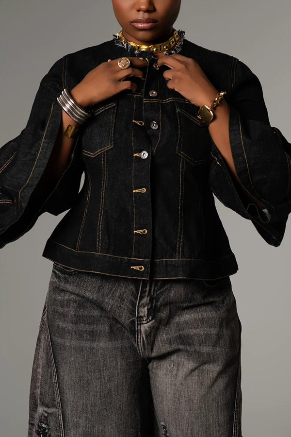 Sleek Raw Edge Collar Bell Sleeve Denim Top 