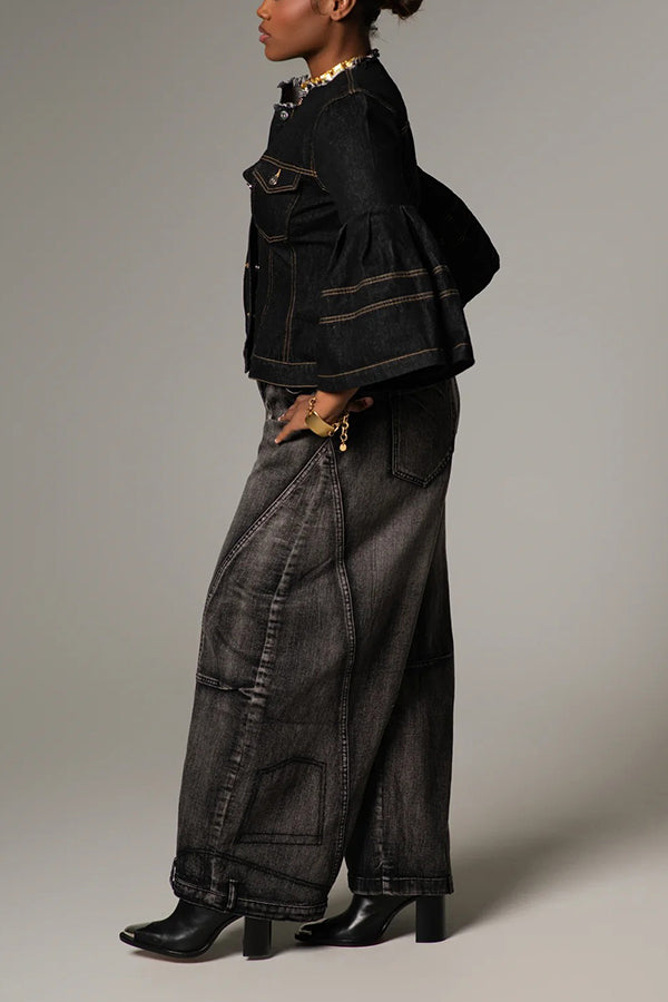 Sleek Raw Edge Collar Bell Sleeve Denim Top 