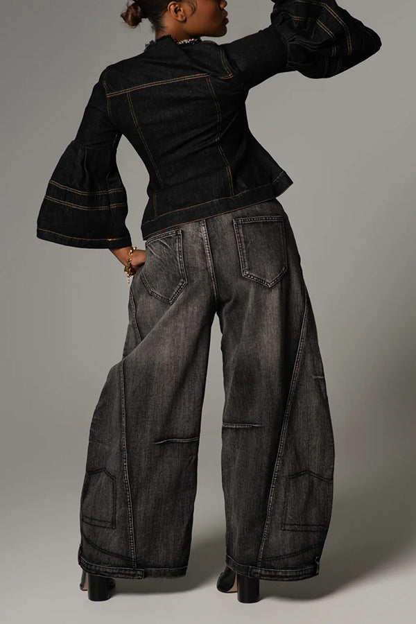 Sleek Raw Edge Collar Bell Sleeve Denim Top 