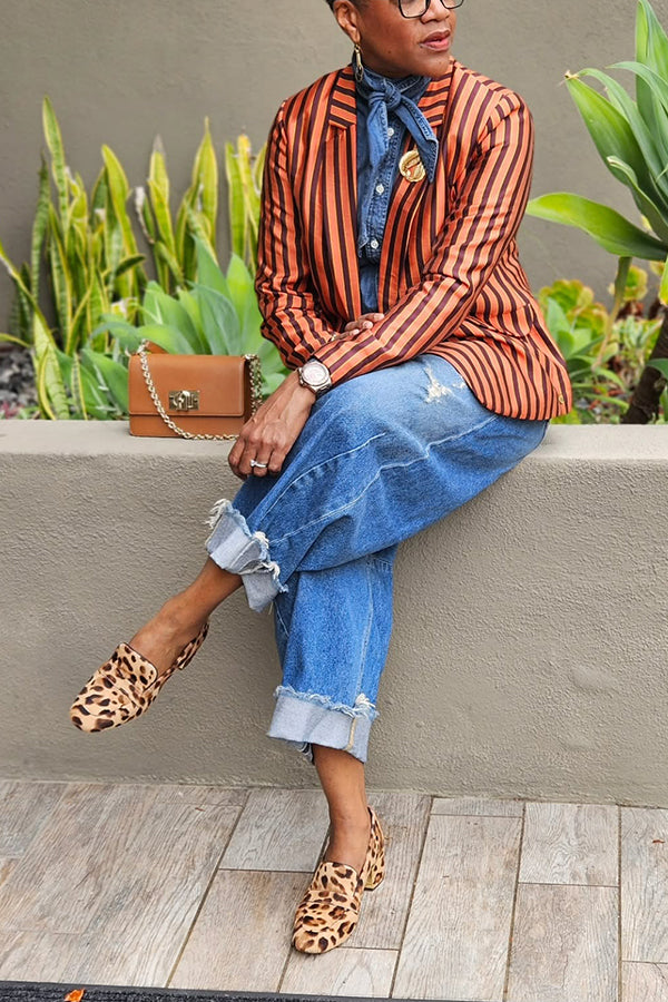 Blazer Striped Button Faux Pocket Embellished Blazer