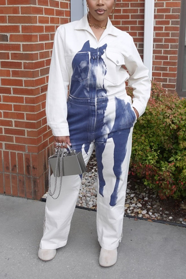 Casual Animal Print Multi Pocket Denim Jumpsuit
