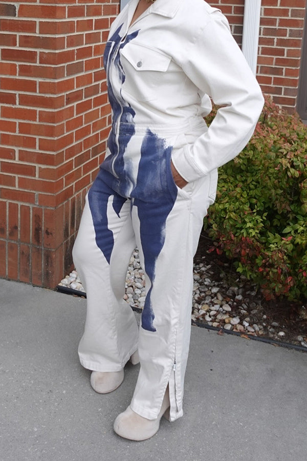 Casual Animal Print Multi Pocket Denim Jumpsuit