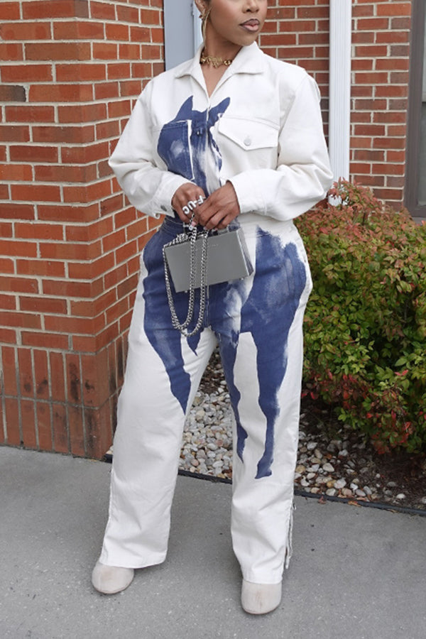 Casual Animal Print Multi Pocket Denim Jumpsuit