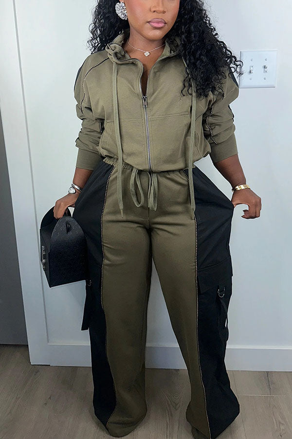 Crazy Contrast Color Hoodie & Drawstring Waist Pants Set