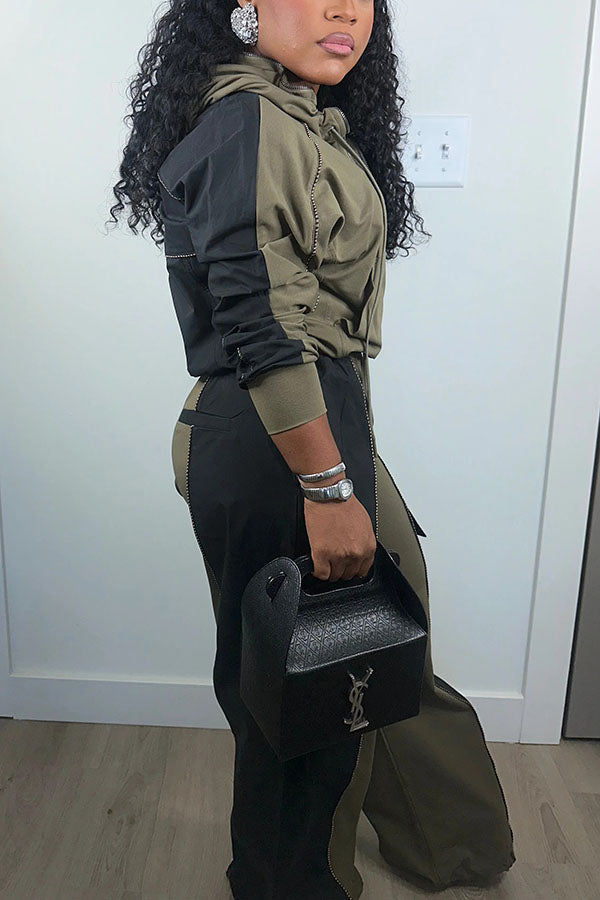 Crazy Contrast Color Hoodie & Drawstring Waist Pants Set