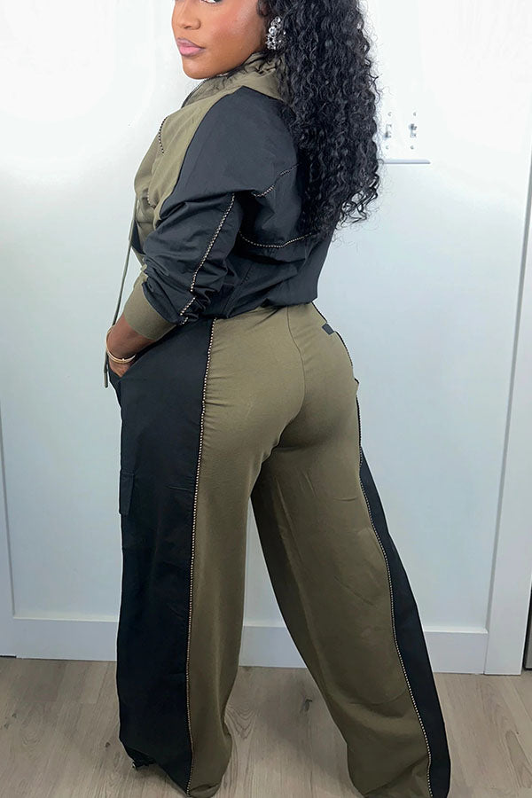 Crazy Contrast Color Hoodie & Drawstring Waist Pants Set