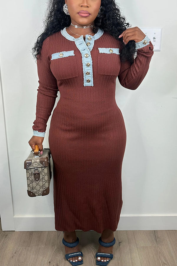 Effortless Button Embellished Patchwork Ribbed Knitted Maxi Dress