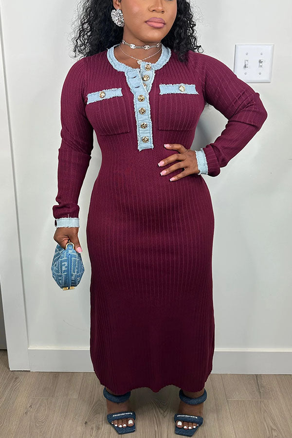 Effortless Button Embellished Patchwork Ribbed Knitted Maxi Dress