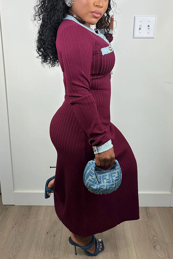 Effortless Button Embellished Patchwork Ribbed Knitted Maxi Dress