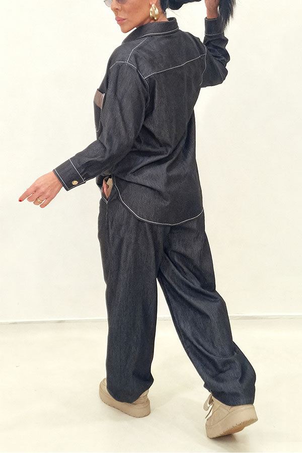 Stylish Contrast Stitching Denim Set