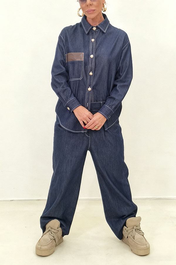 Stylish Contrast Stitching Denim Set