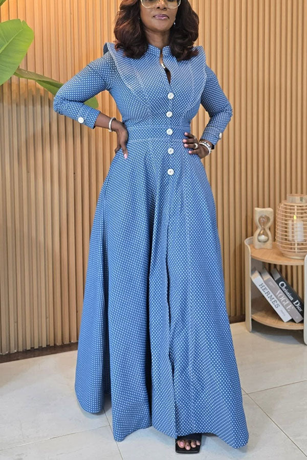 Stylish Polka Dot Ruffle Denim Midi Dress