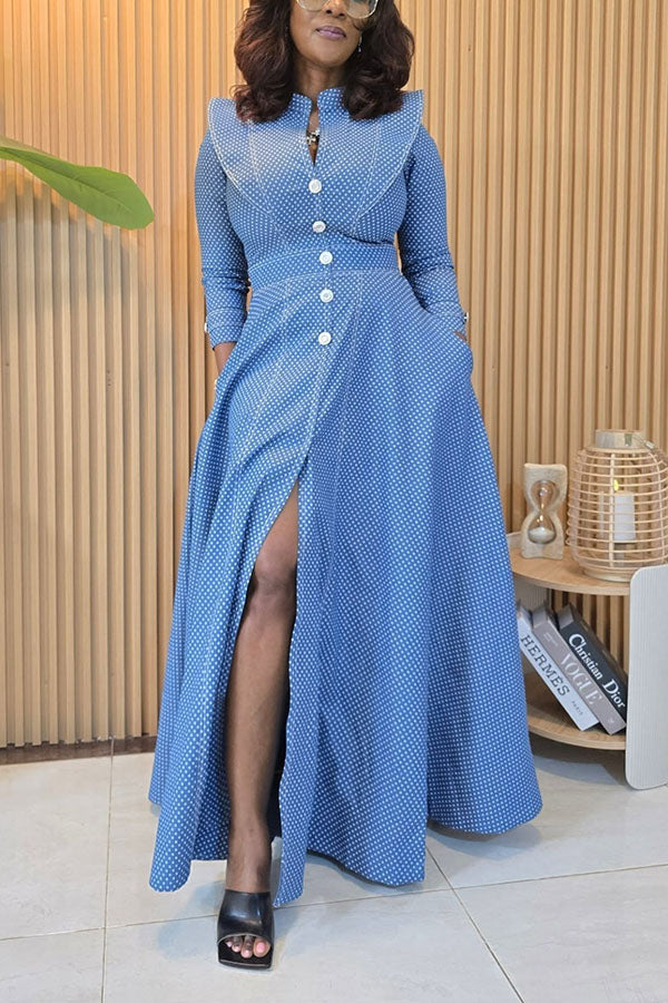 Stylish Polka Dot Ruffle Denim Midi Dress