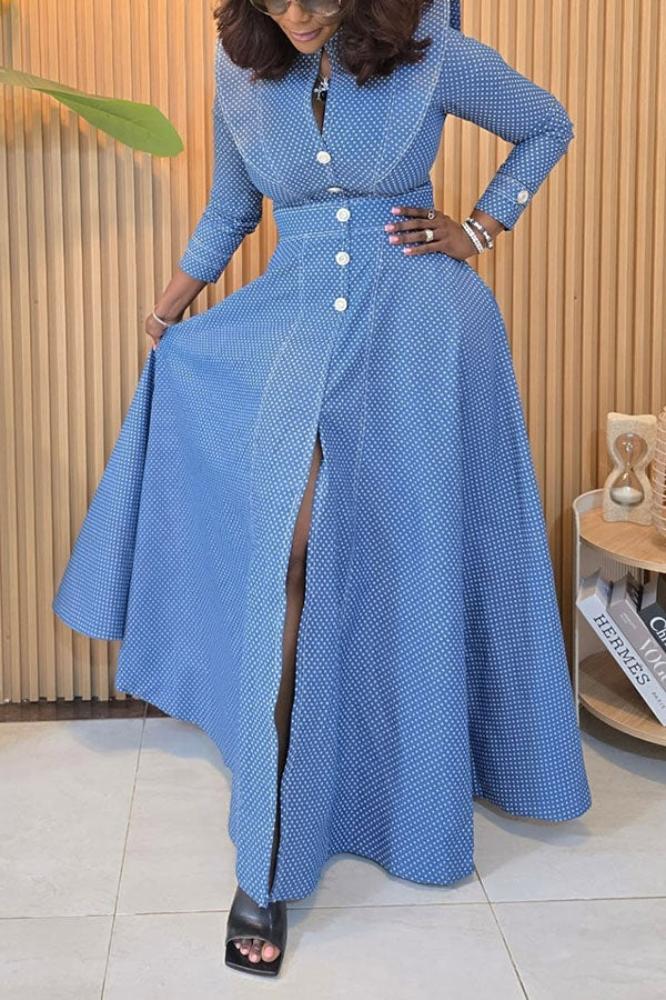Stylish Polka Dot Ruffle Denim Midi Dress