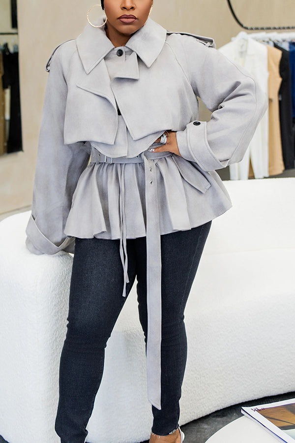 Versatile Faux Suede Patchwork Ruffled Hem Trench
