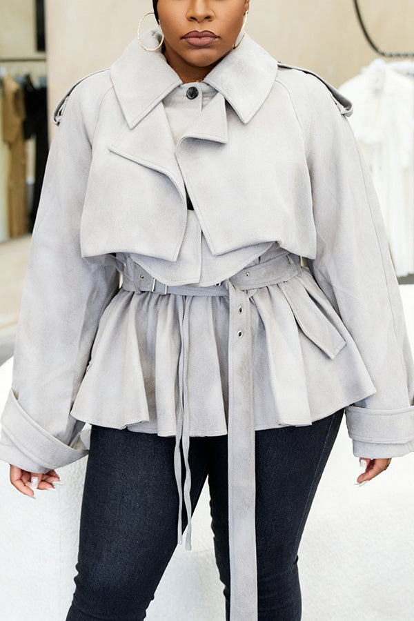 Versatile Faux Suede Patchwork Ruffled Hem Trench