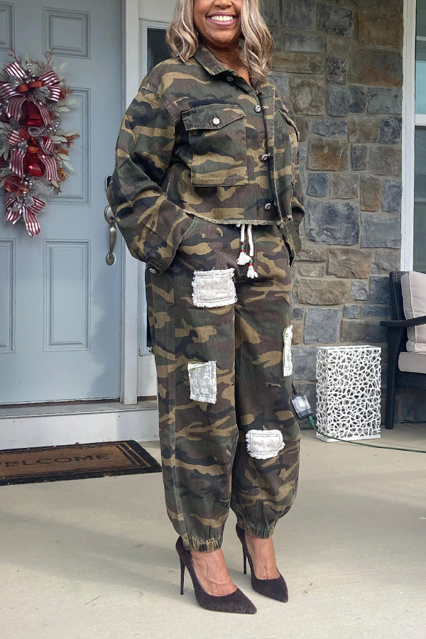 Casual Camouflage Jacket & Drawstring Waist Patchwork Pants Set