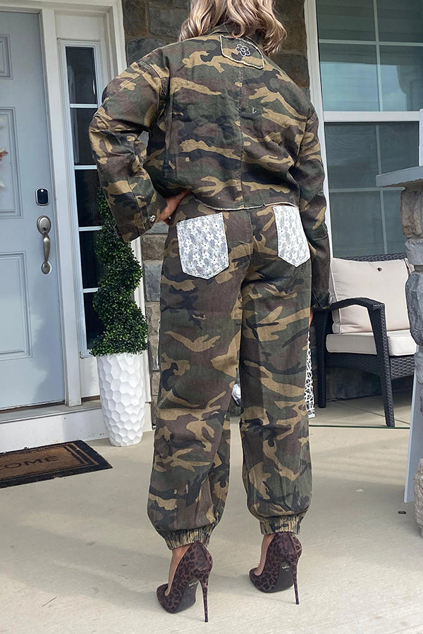 Casual Camouflage Jacket & Drawstring Waist Patchwork Pants Set