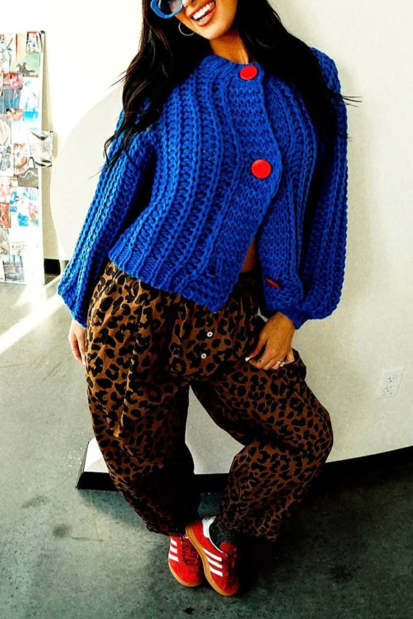 Oversized Contrasting Bubble Sleeve Knit Chunky Sweater Cardigan