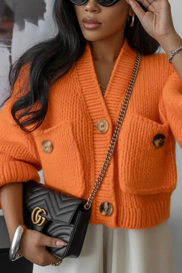 Active V-neck Double Pocket Cropped Knitted Cardigan