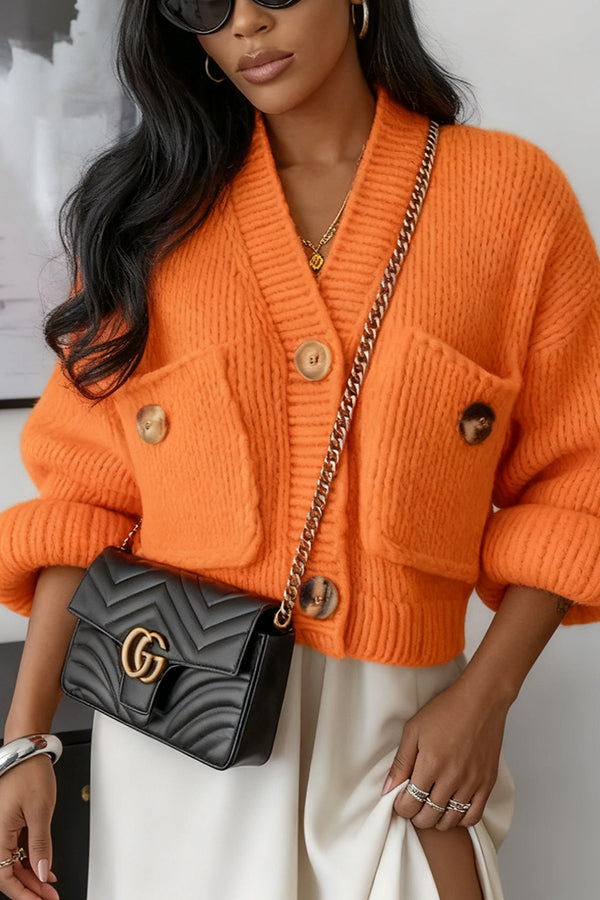 Active V-neck Double Pocket Cropped Knitted Cardigan